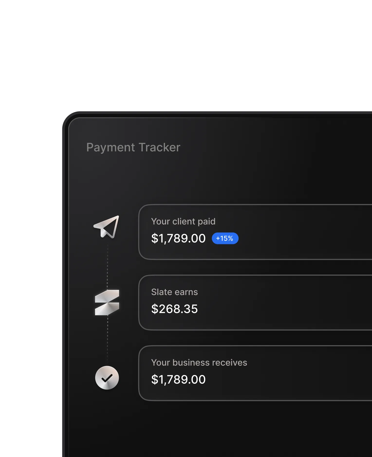 Payment Tracker — client pays $1,789, Slate earns $268, business receives $1,789